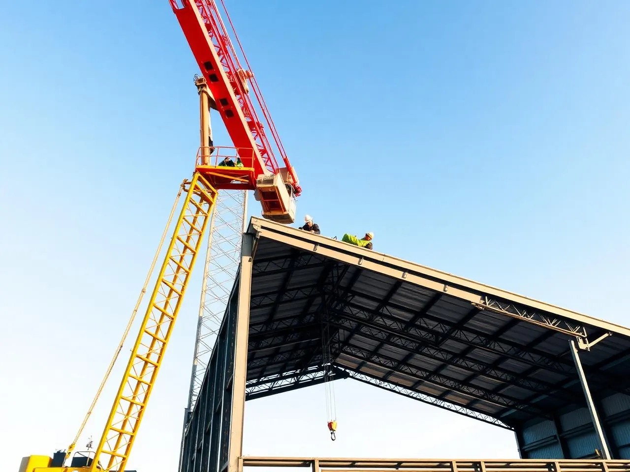 Crane erecting the steel roof structure of an industrial shed