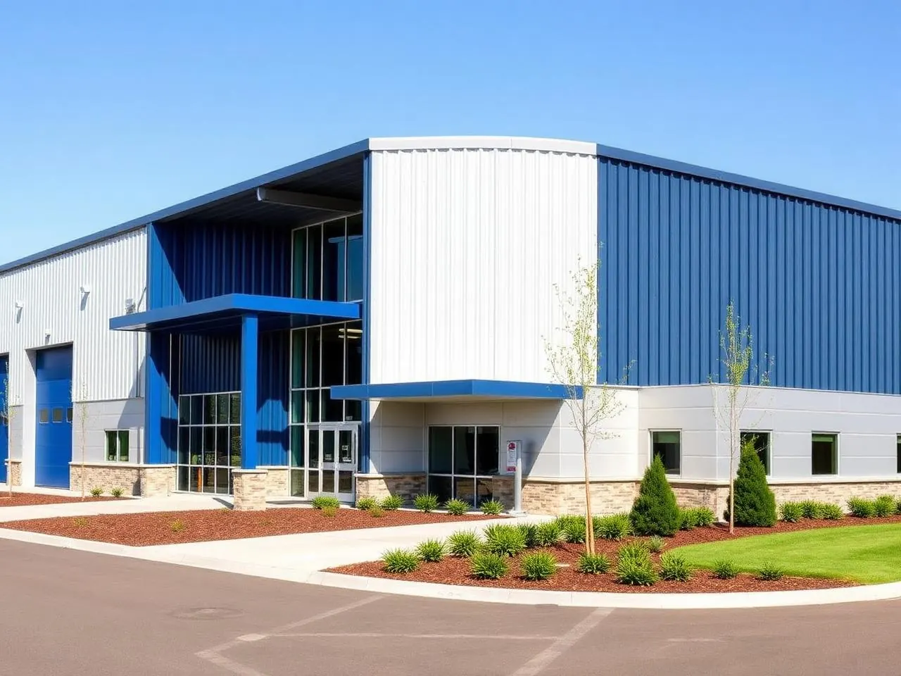 Completed factory building with blue and silver metal cladding